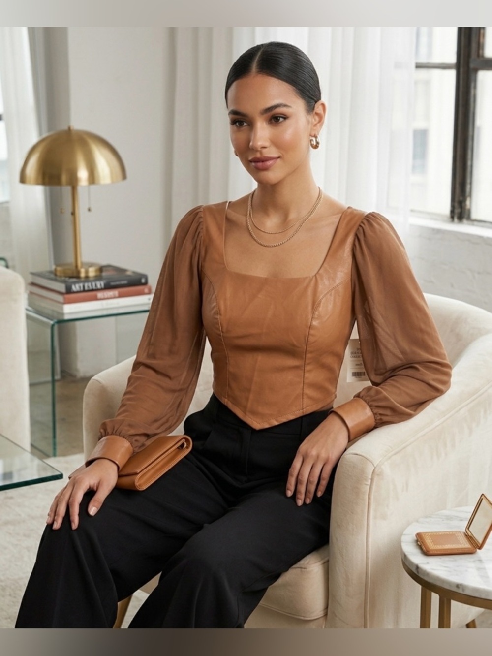 HYFVE Brown Faux Leather Square Neck Puff-Sleeve Top
